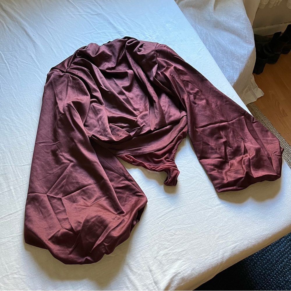 House of Cb magenta burgundy draped puff long sleeve bodysuit